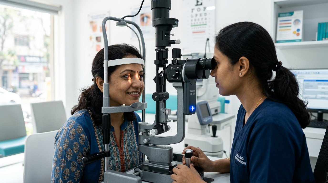 Indian patient receiving slit-lamp eye examination by eye doctor at Global Eye Hospital Jhunjhunu